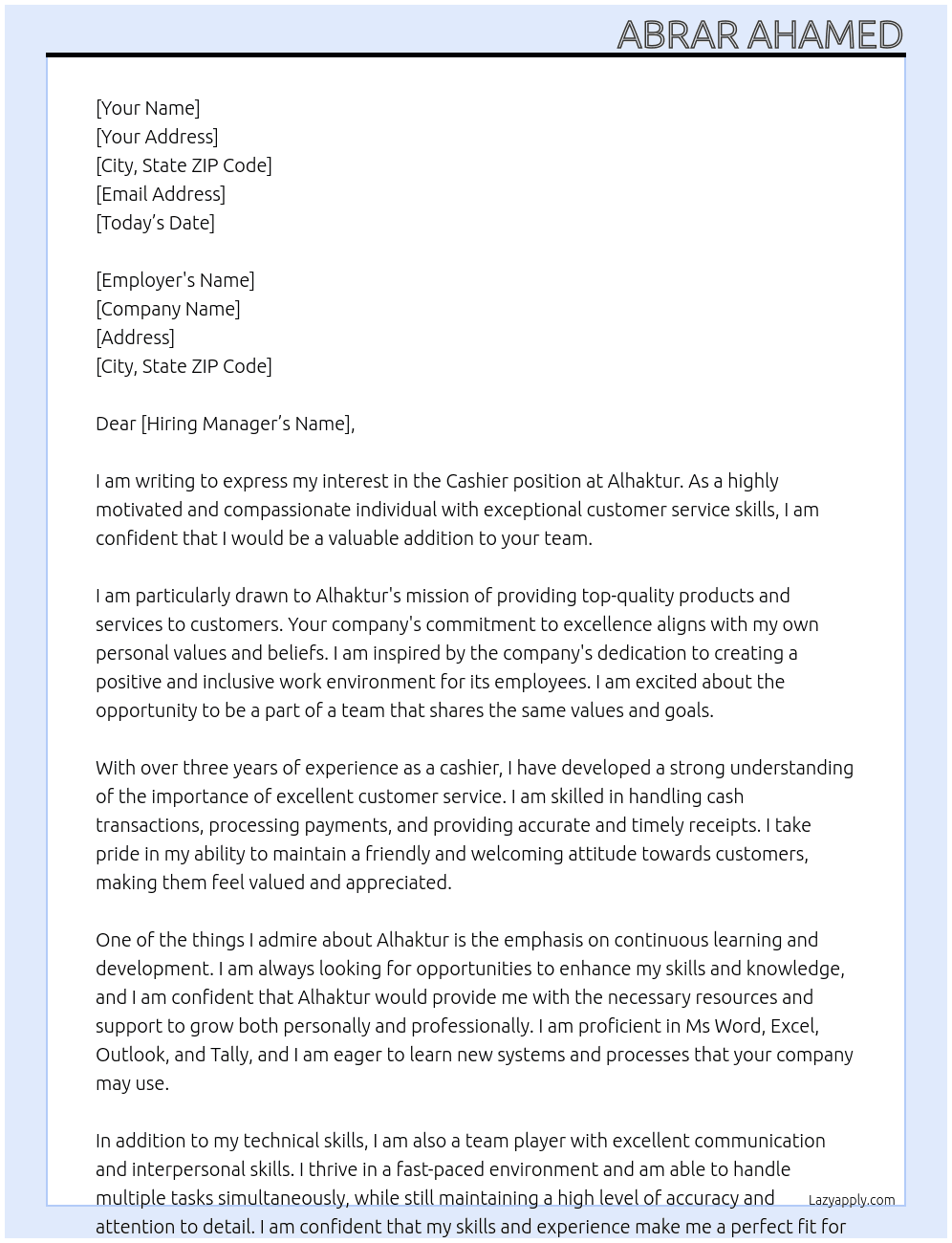 Cashier  At Alhaktur Cover Letter