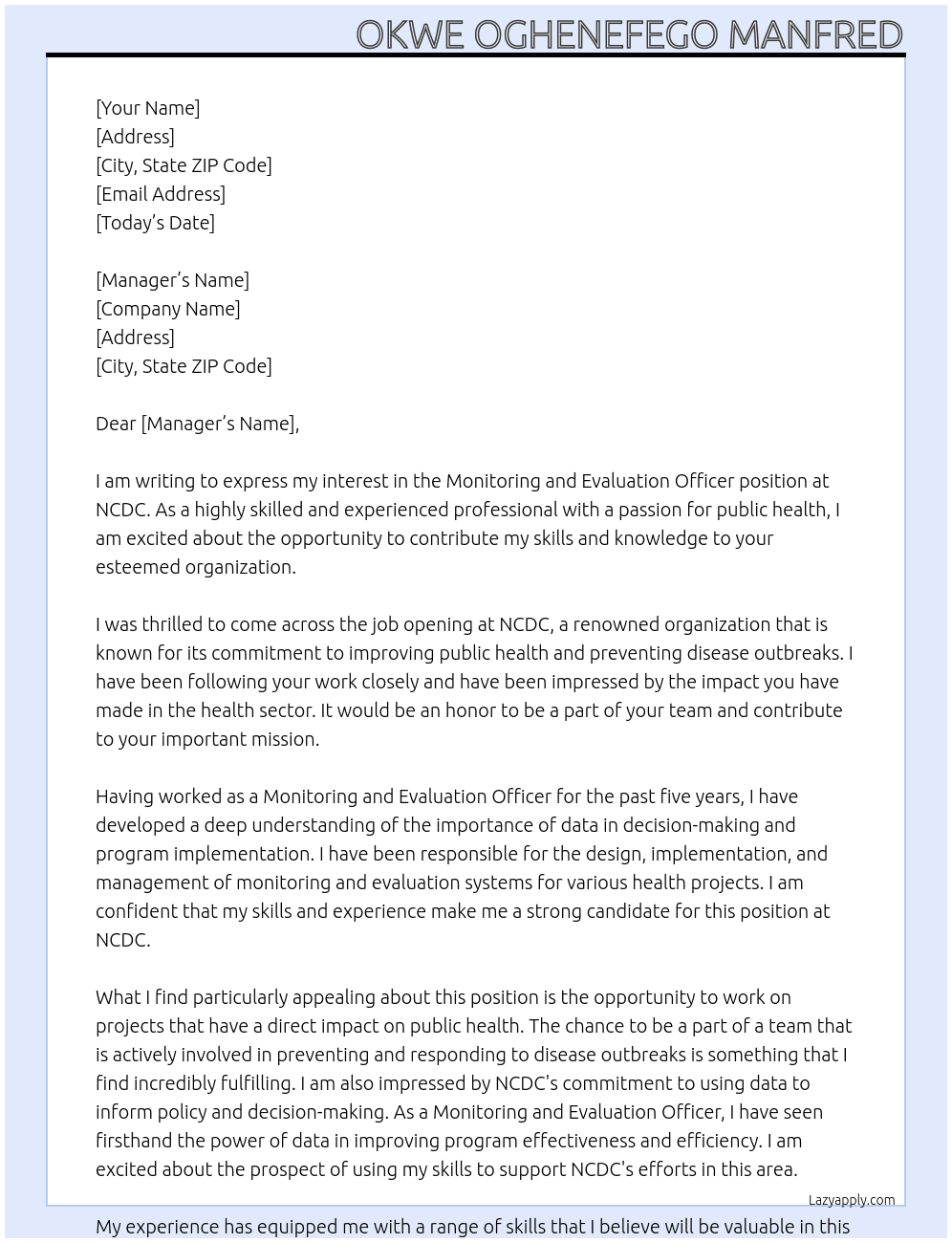 Monitoring and evaluation officer At NCDC Cover Letter