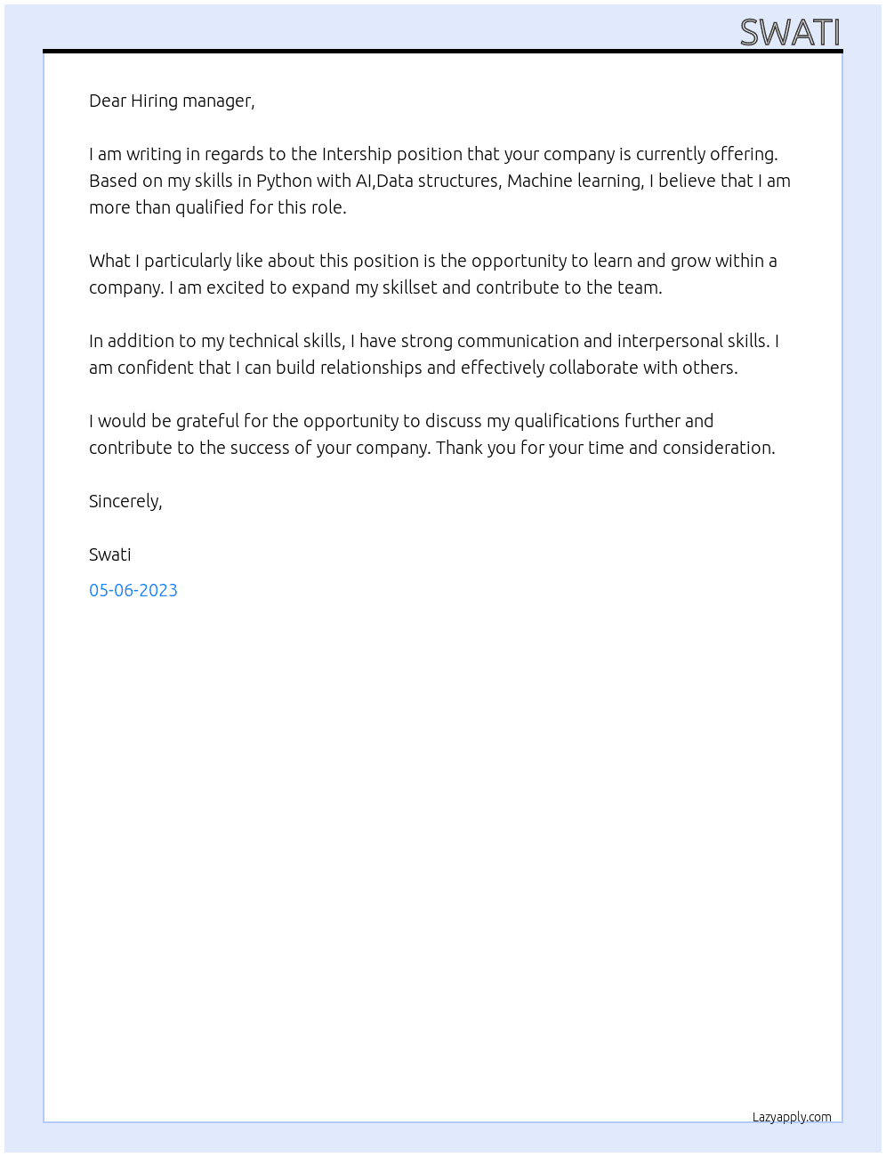 Intership  At Intership  Cover Letter