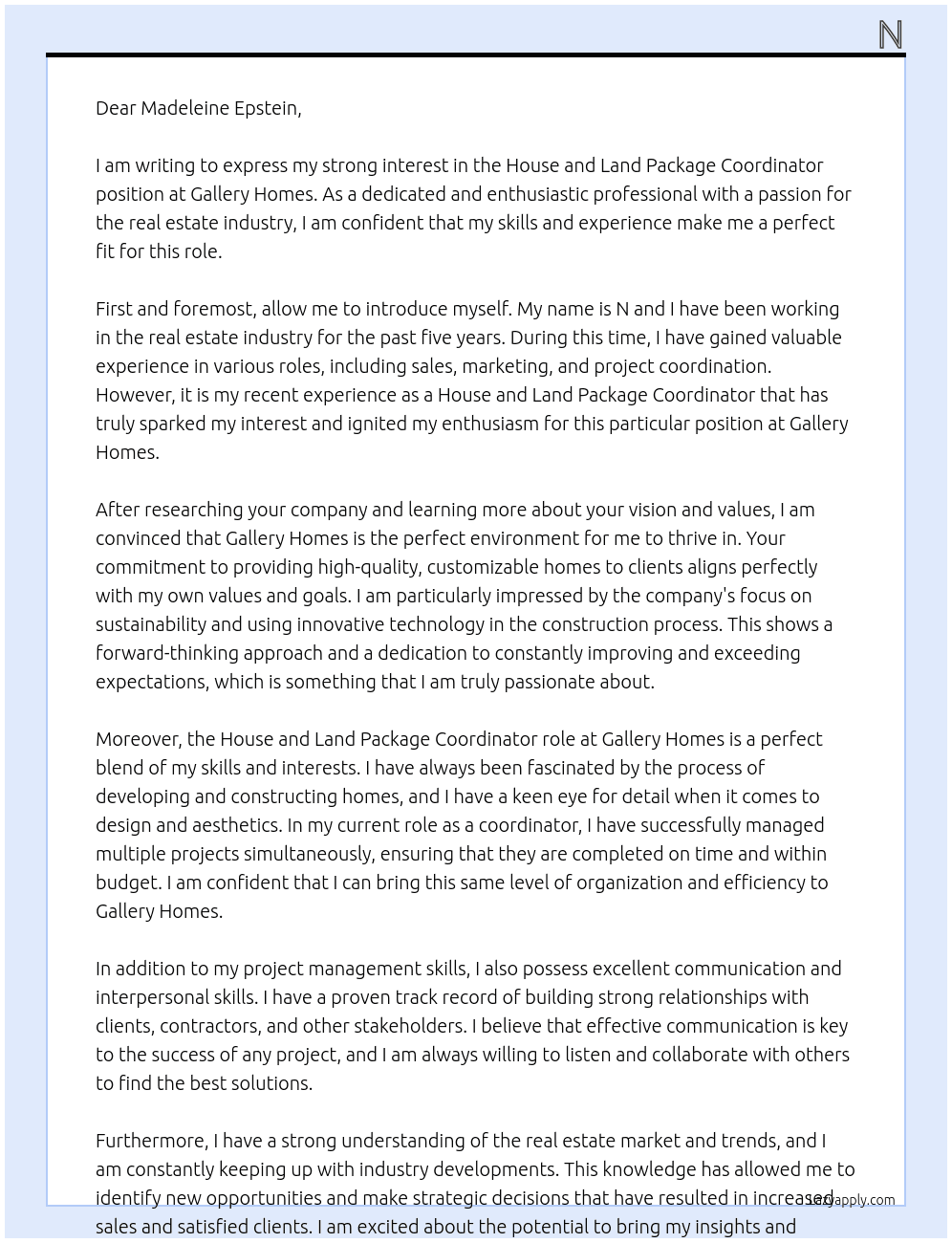 House and Land Package Coordinator At Gallery Homes Cover Letter