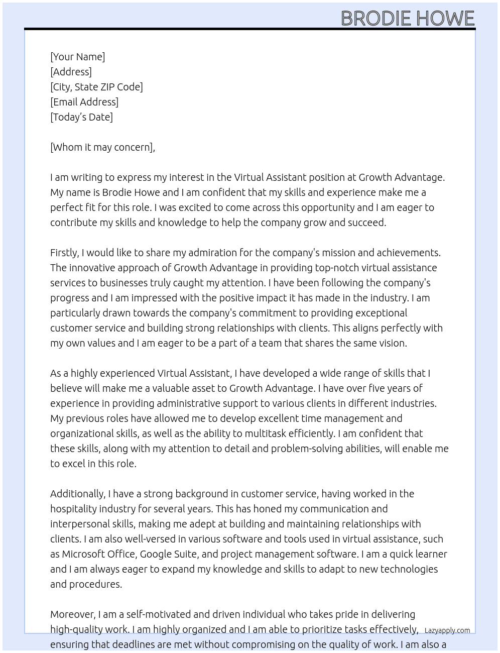 Virtual Assistant At Growth Advantage Cover Letter