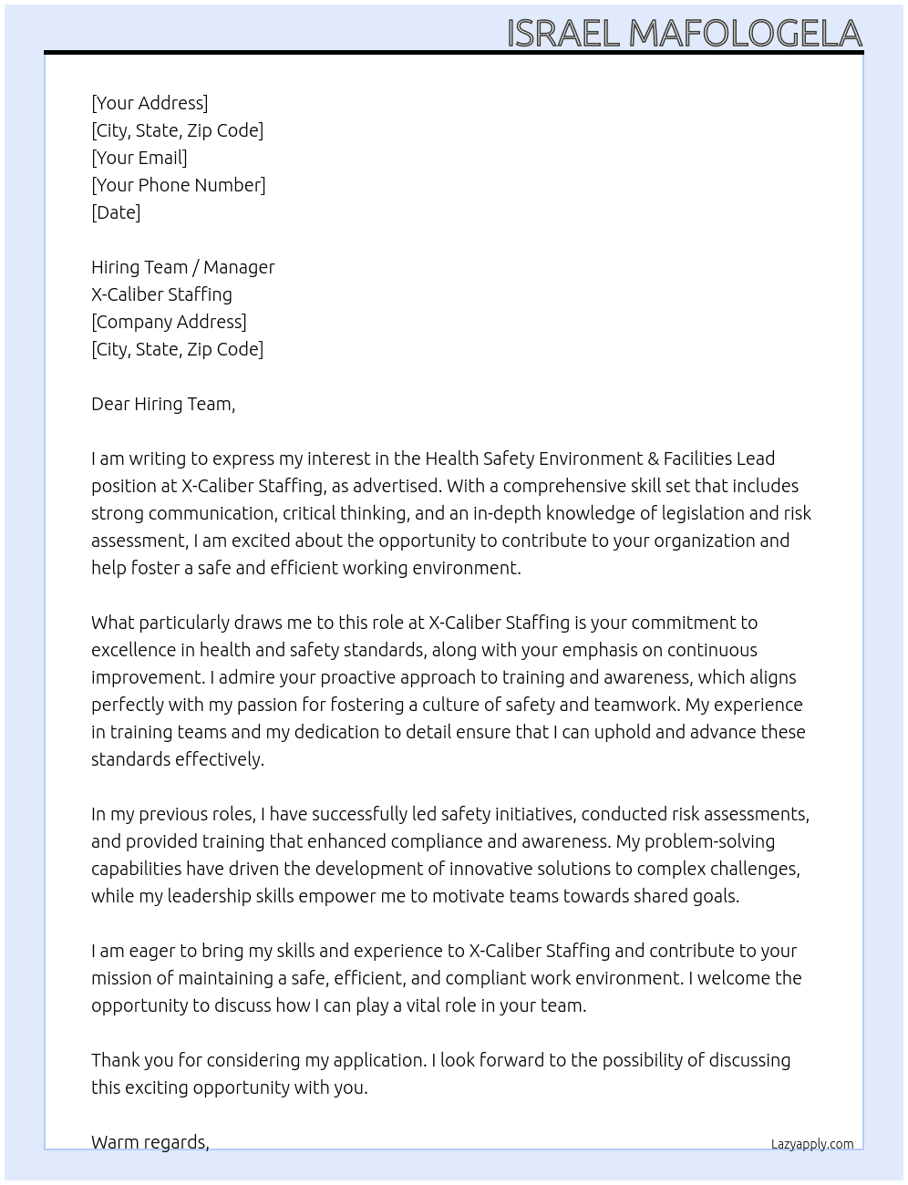 Cover letter for health safety environment & facilities lead - LazyApply