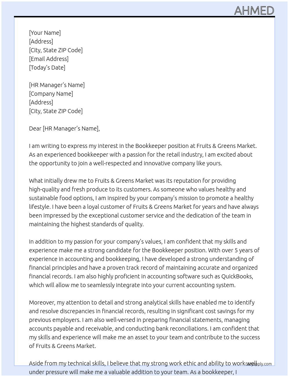 bookkeeper At Fruits & Greens Market Cover Letter
