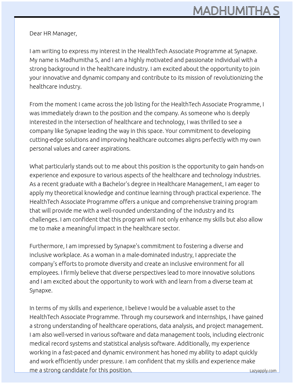 HealthTech Associate Programme At synapxe Cover Letter