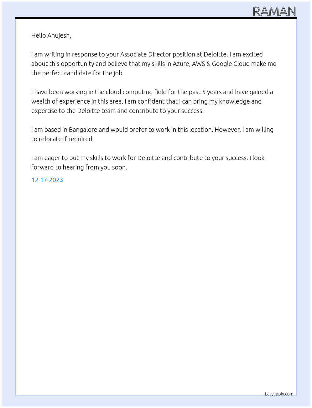 Associate Director At Deloitte Cover Letter