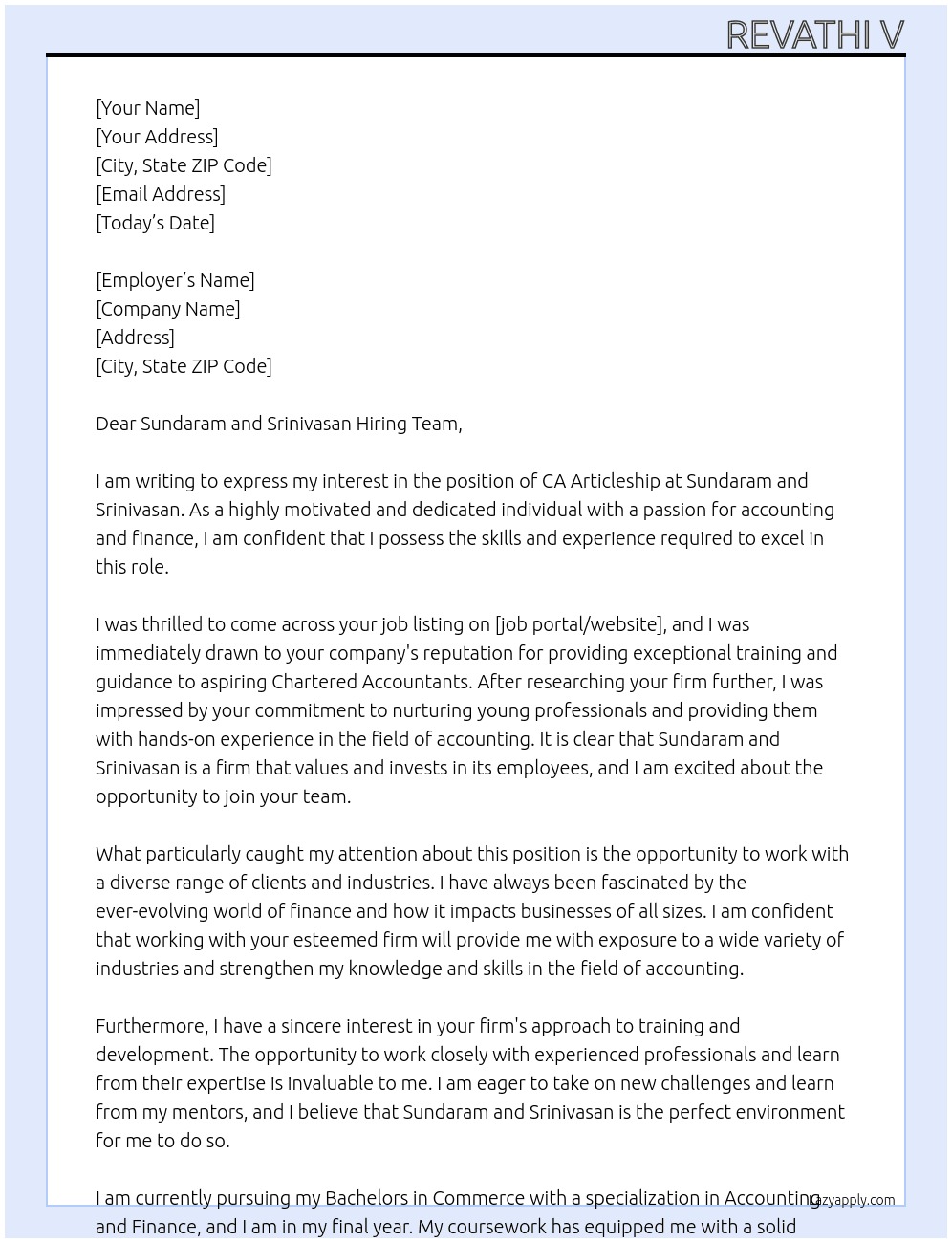 ca articleship At sundaram and srinivasan Cover Letter
