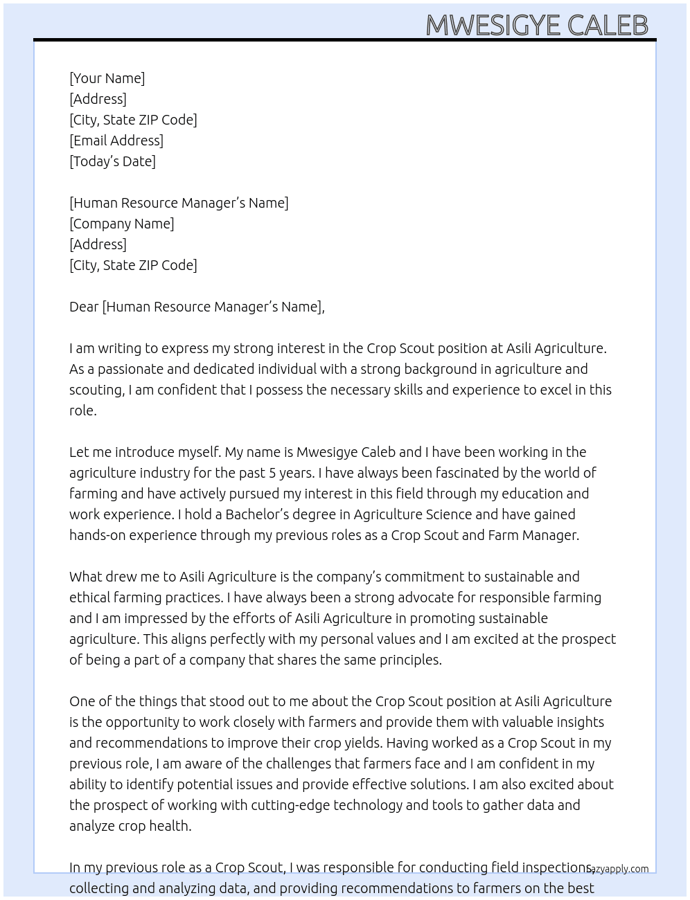Crop Scout At Asili Agriculture Cover Letter