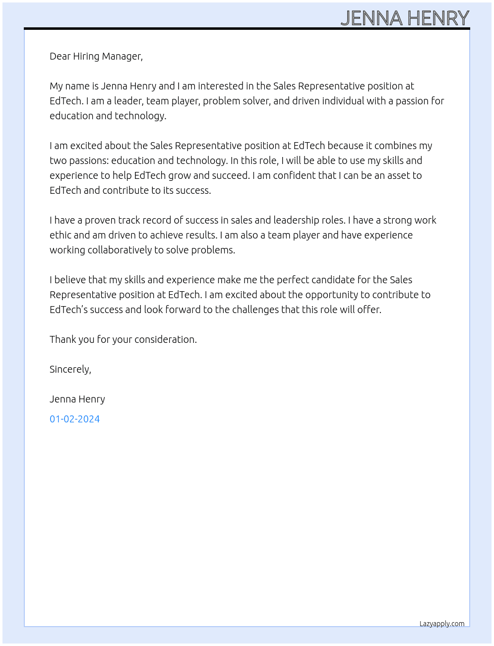 Sales Representative At EdTech Cover Letter