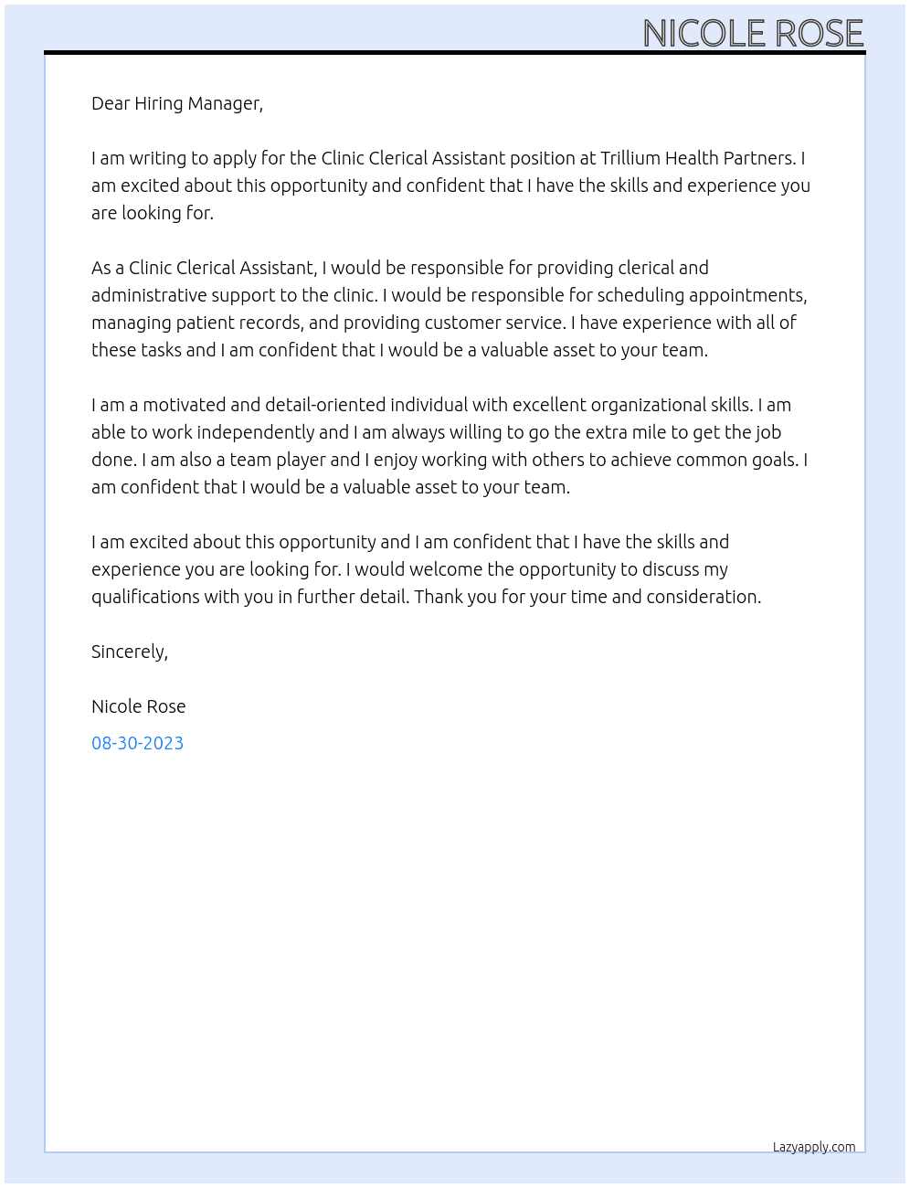 Clinic Clerical Assistant At Trillium Health Partners Cover Letter