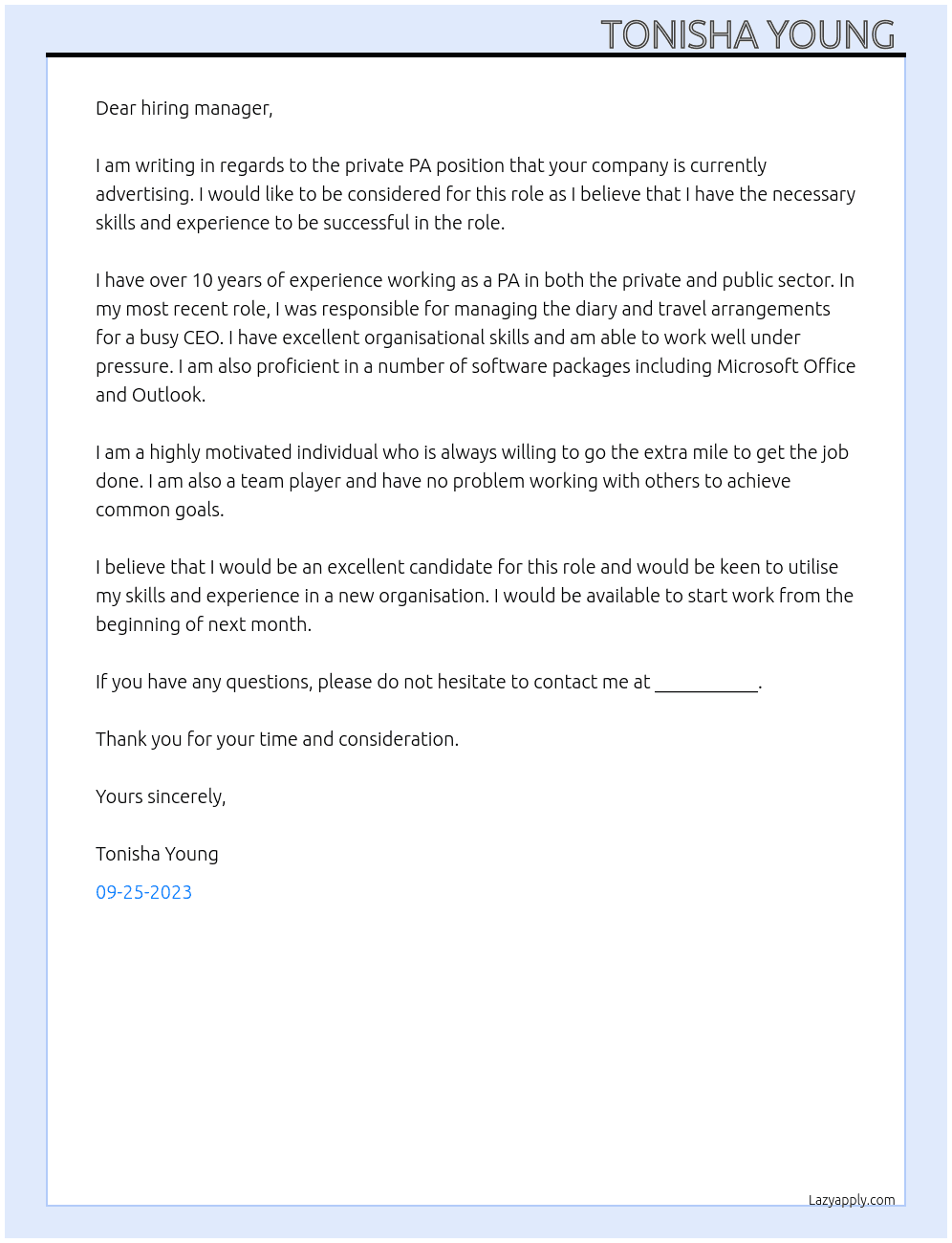 private PA  At . Cover Letter