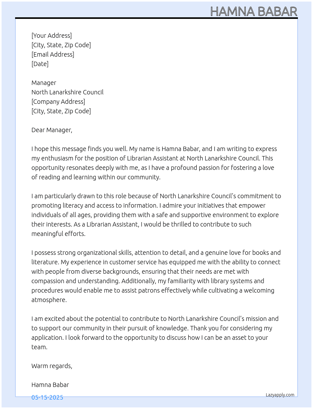 Librarian assistant  At North Lanarkshire council Cover Letter