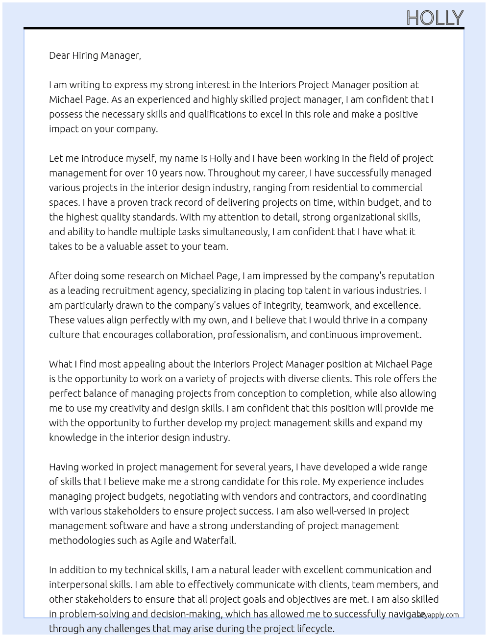 Interiors Project Manager At Michael Page Cover Letter