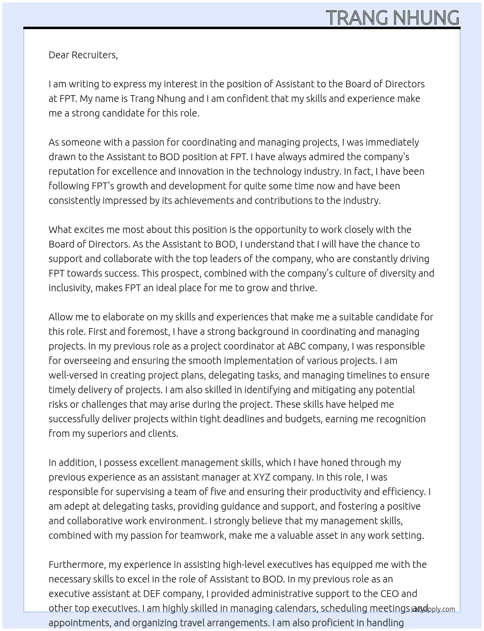 Assistant to BOD At FPT Cover Letter