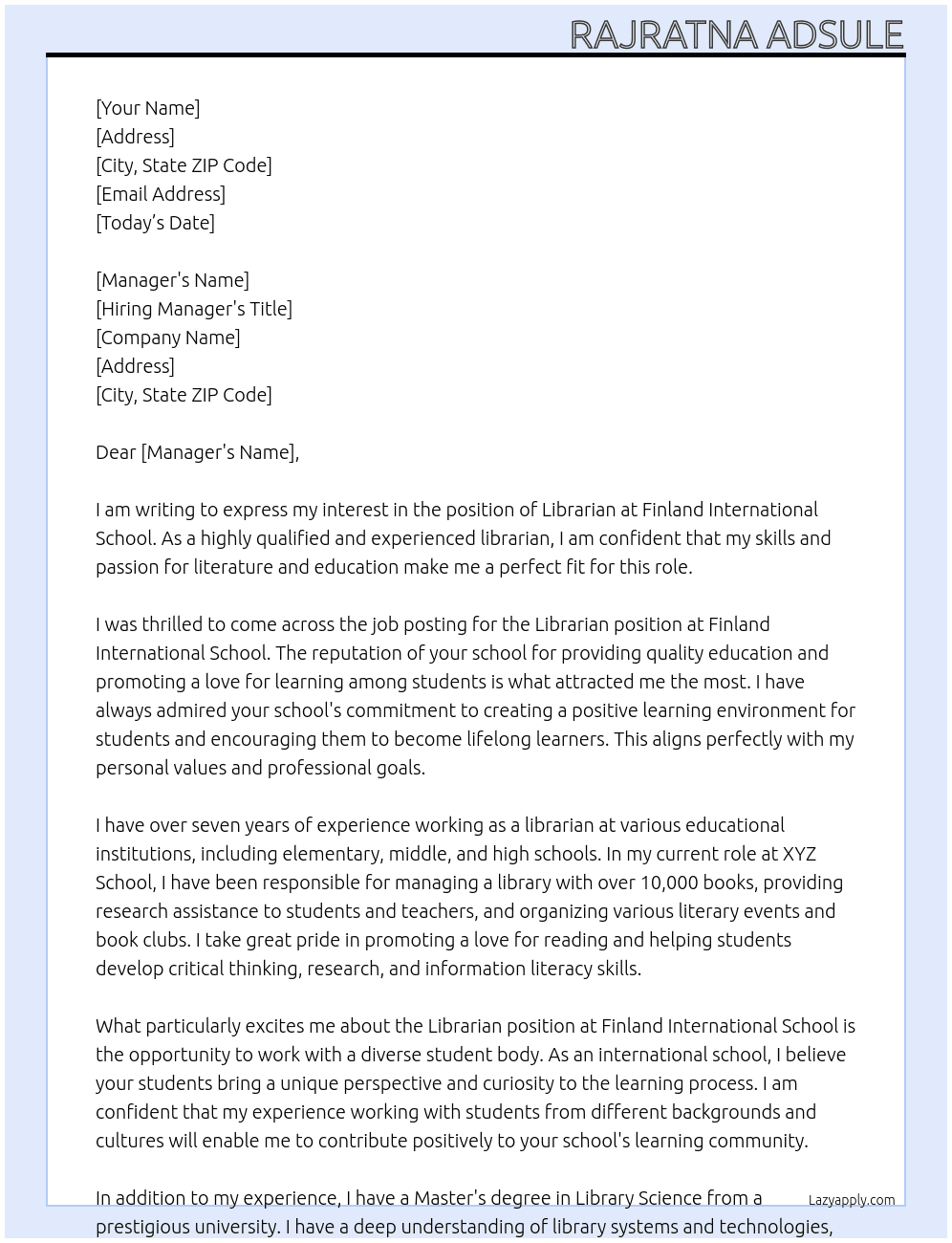 librarian At FINLAND  INTERNATIONAL SCHOOL Cover Letter