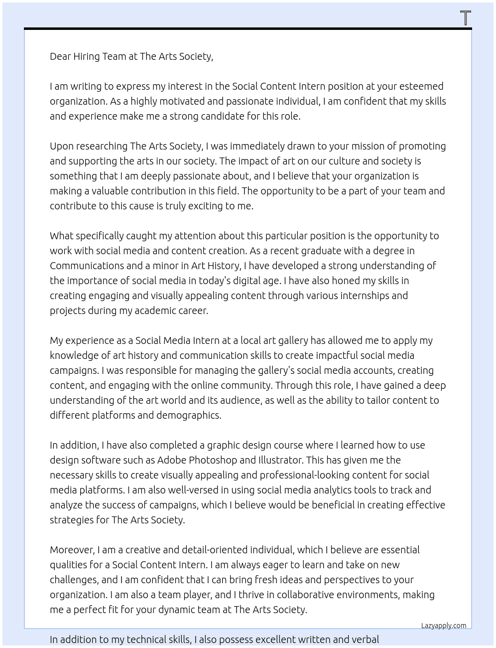 Social Content Intern At The Arts Society Cover Letter