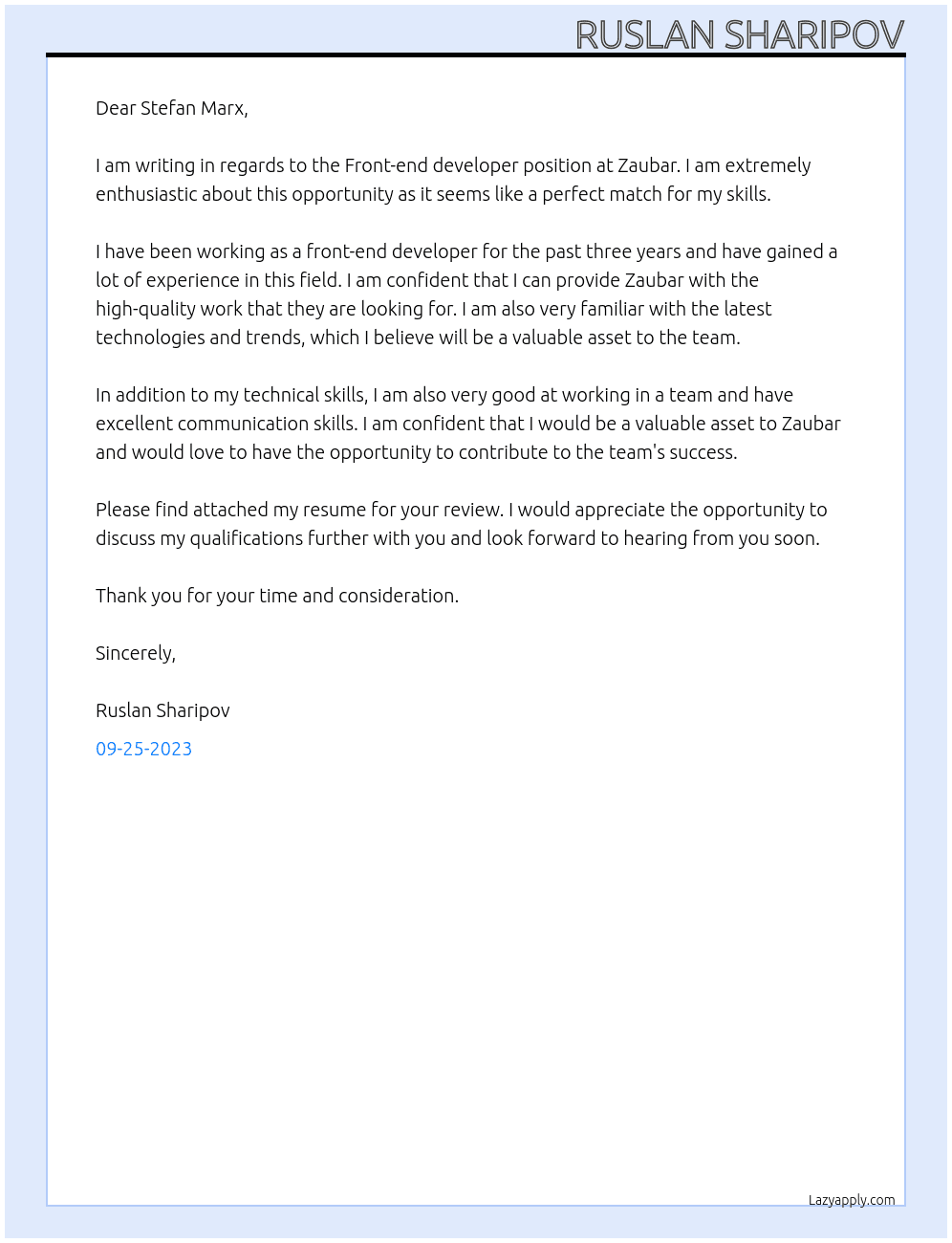 Front-end developer At Zaubar Cover Letter