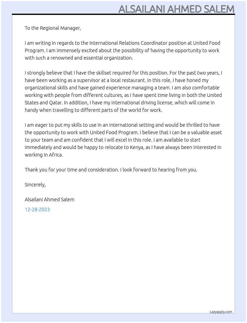 International Relations Coordinator At United Food Program  Cover Letter