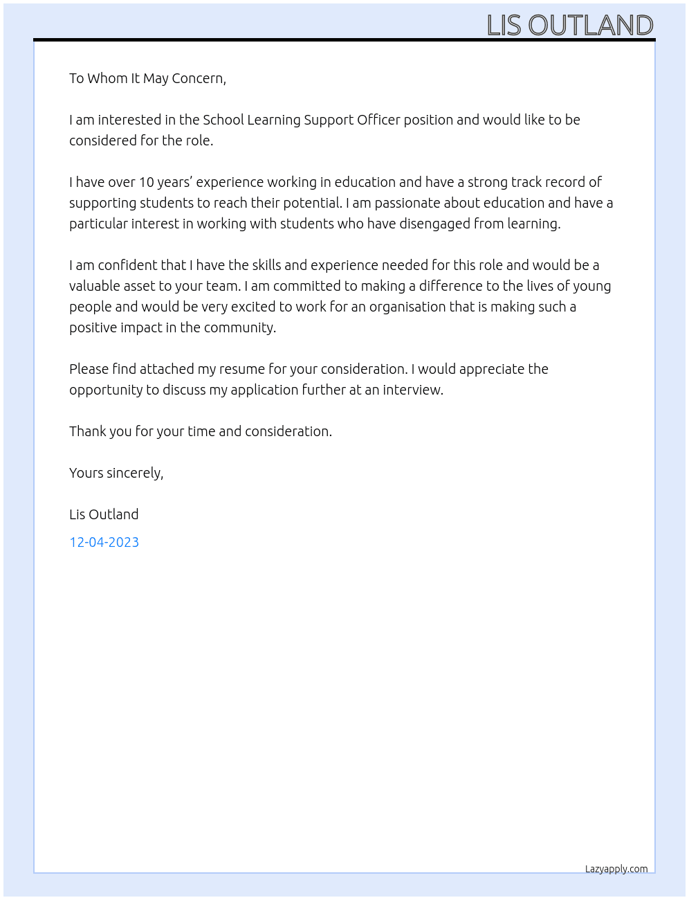 School Learning Support Officer At generic Cover Letter
