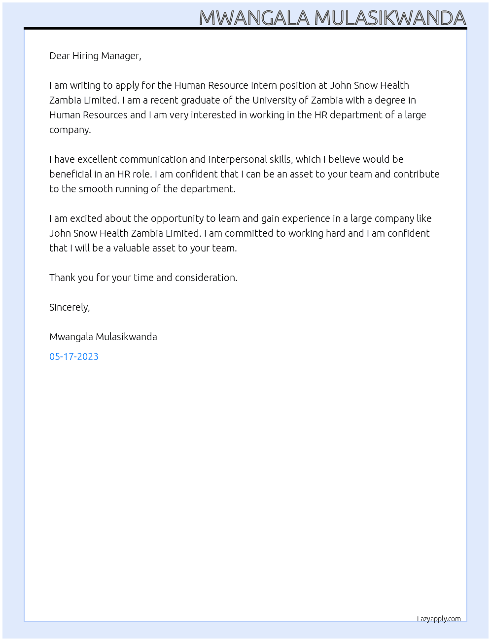 Human resource  intern  At John Snow Health Zambia Limited  Cover Letter