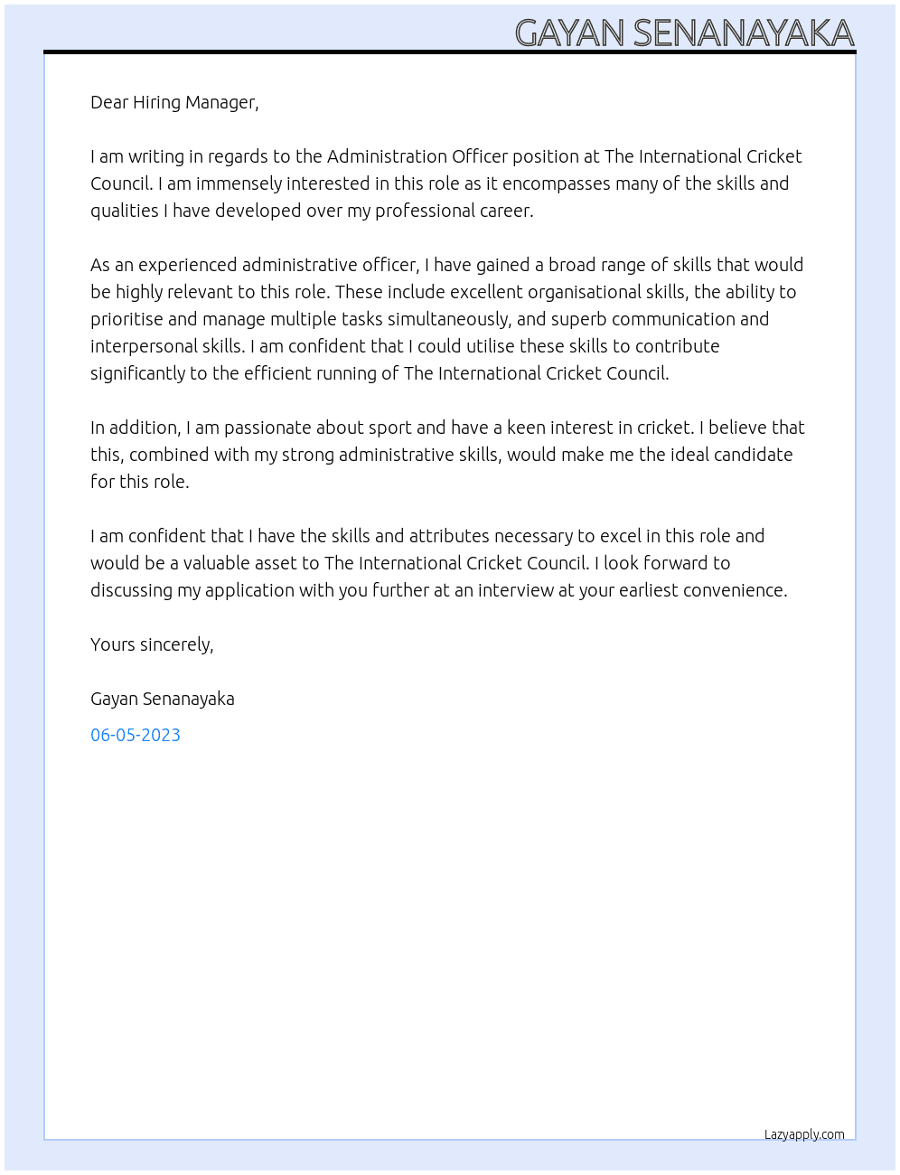 ADMINISTRATION OFFICER  At The International Cricket Council Cover Letter