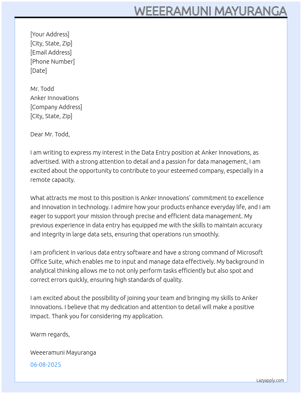Data entry At Anker Innovations Cover Letter