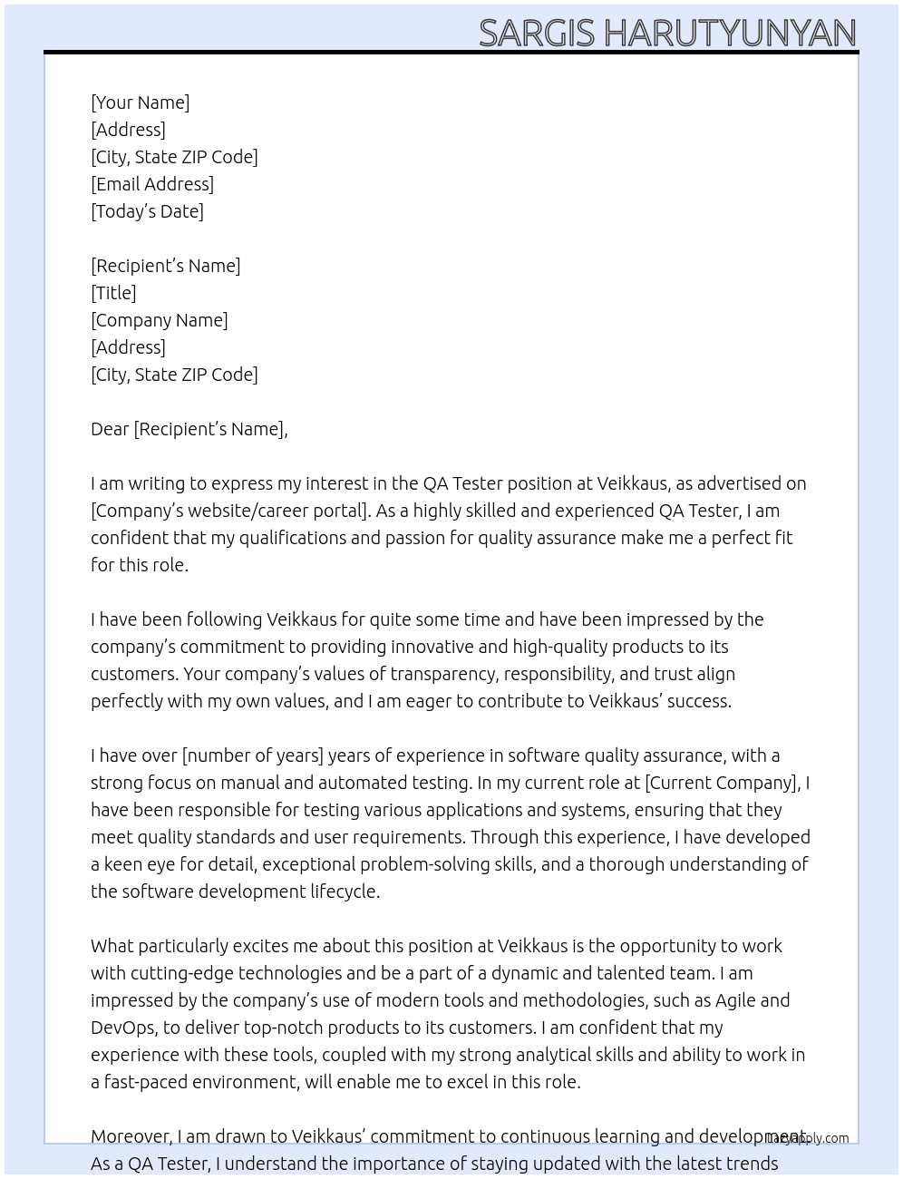 QA Tester At Veikkaus Cover Letter