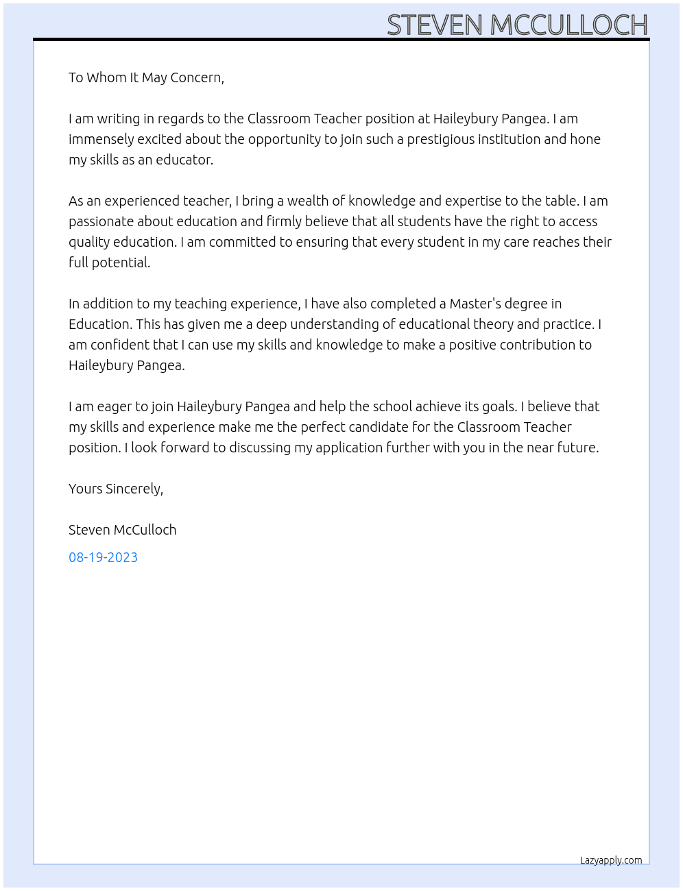 Classroom Teacher At Haileybury Pangea Cover Letter