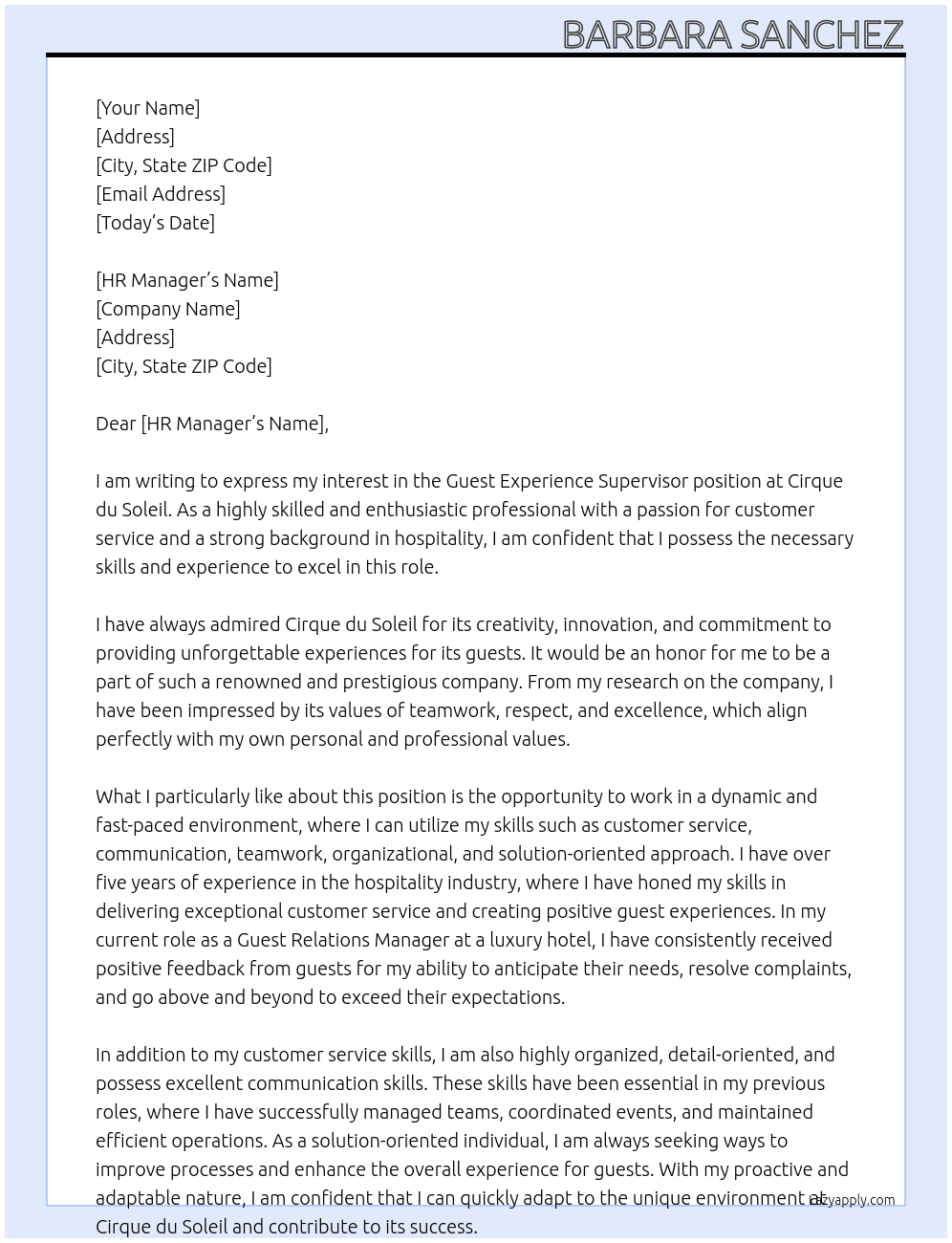 Guest Experience Supervisor At Cirque du Soleil Cover Letter