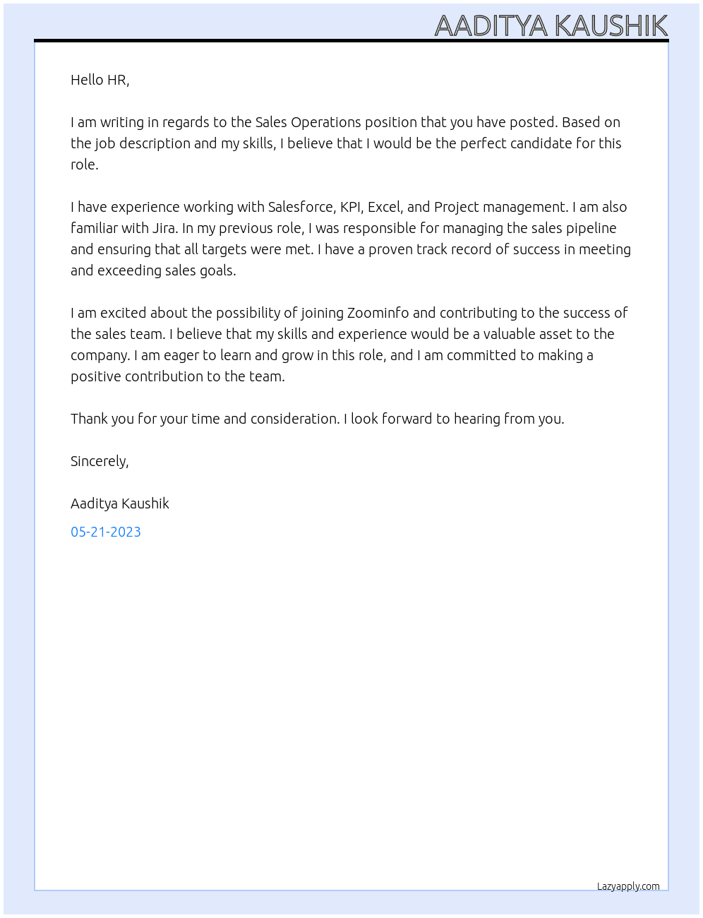 Sales Operations At Zoominfo Cover Letter