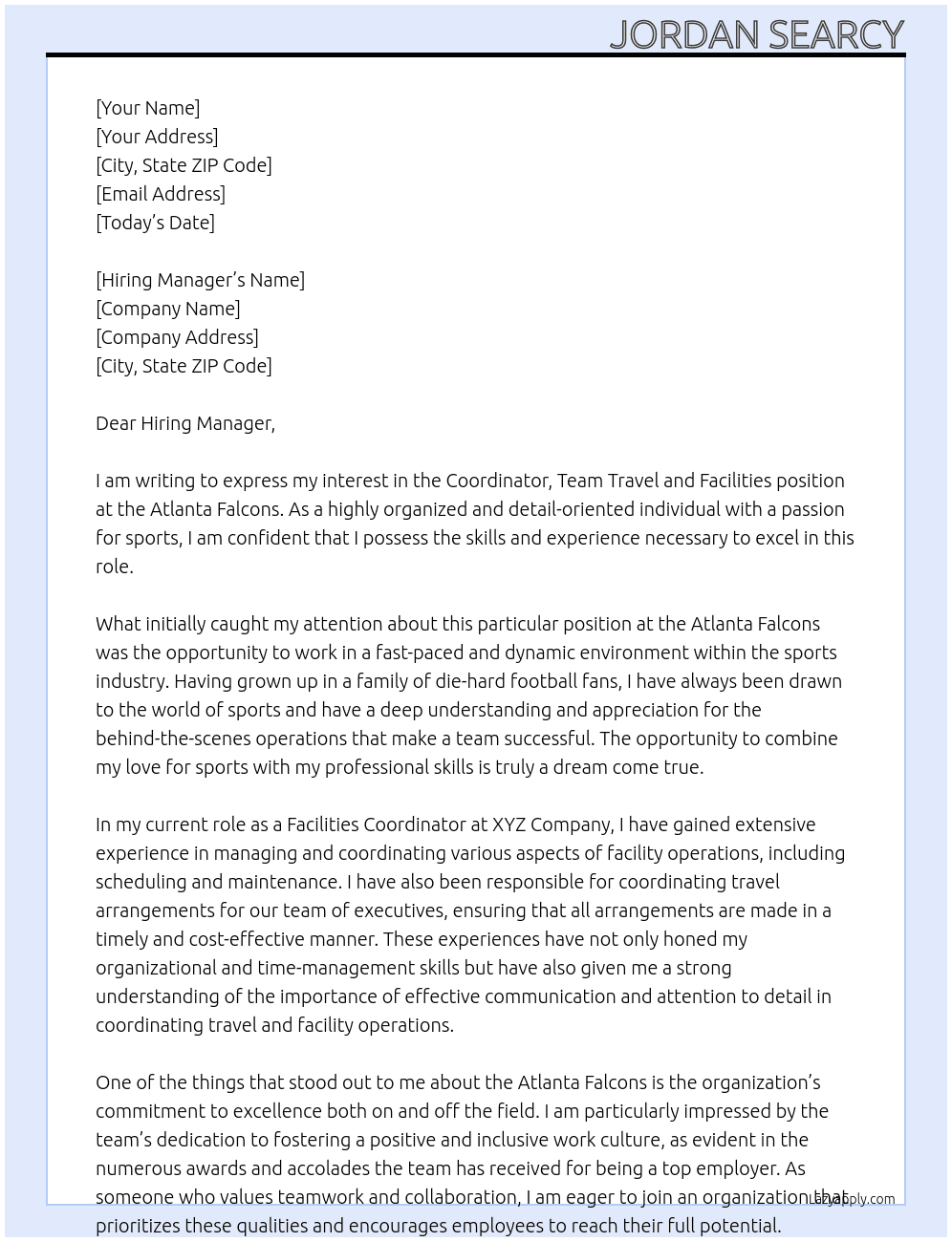 Coordinator, Team Travel and Facilities At Atlanta Falcons  Cover Letter