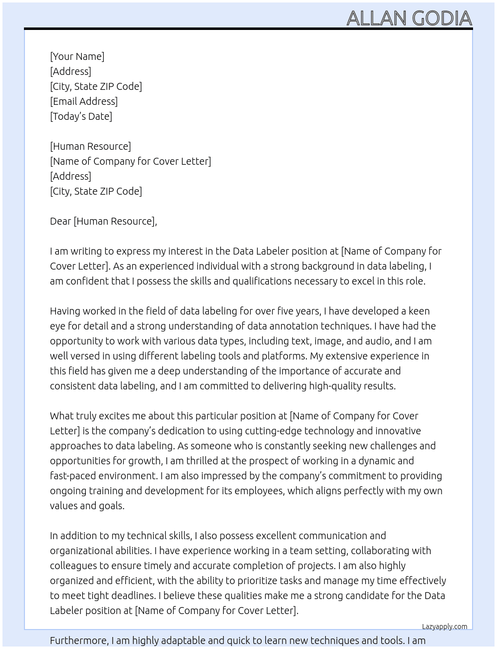 Data Labeler At Data Labeling Cover Letter