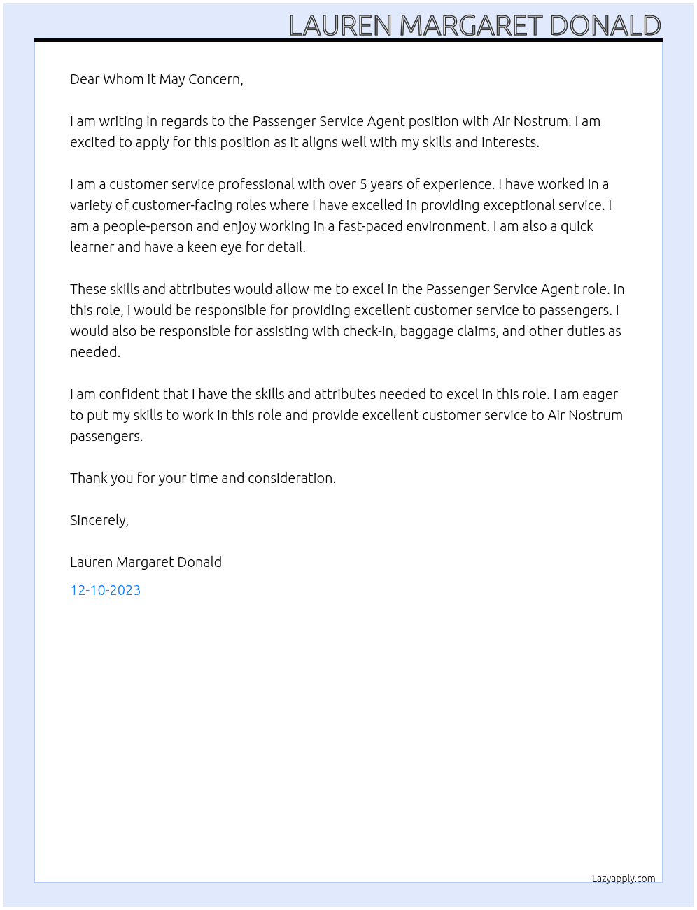 Passenger Service Agent At Air Nostrum Cover Letter