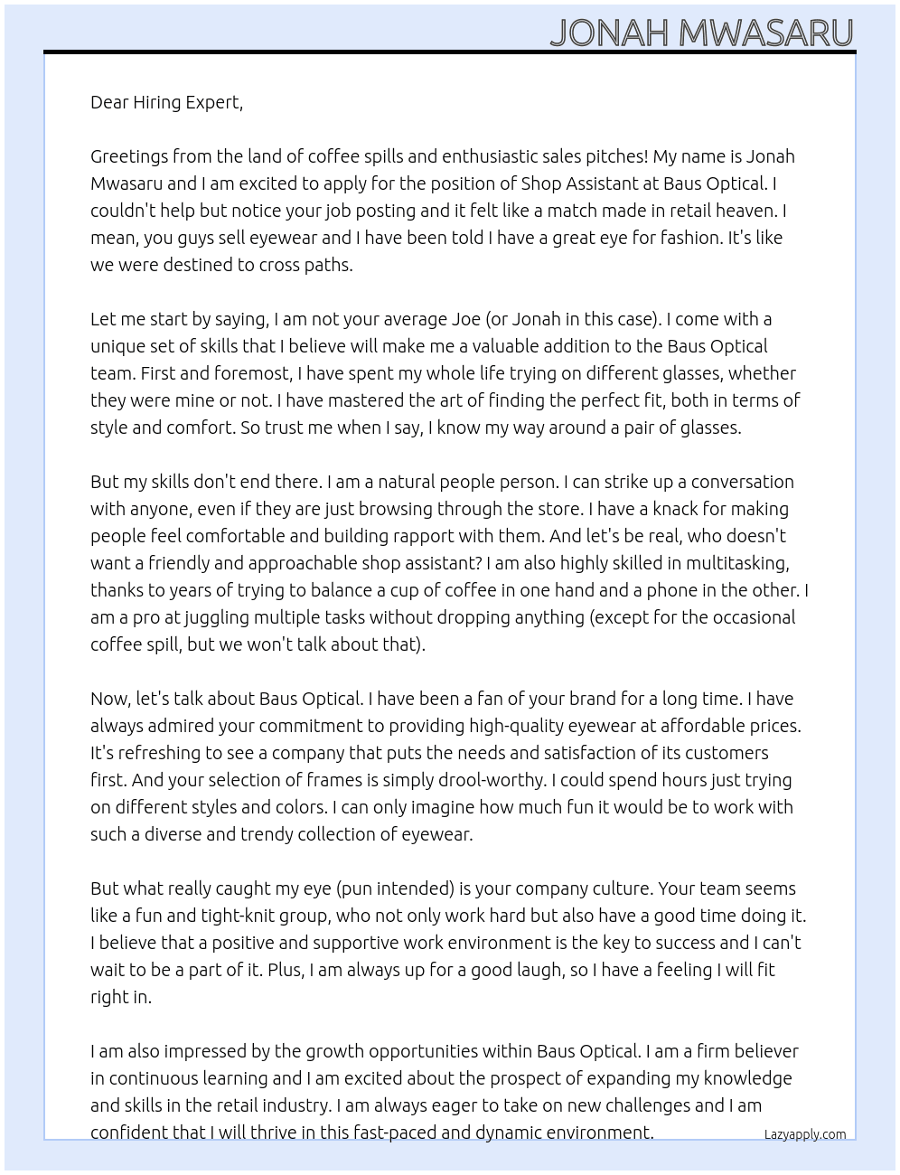 Shop assistant At Baus Optical Cover Letter