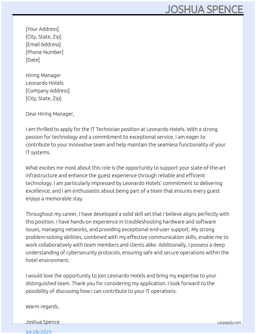 IT technician  At Leonardo Hotels Cover Letter