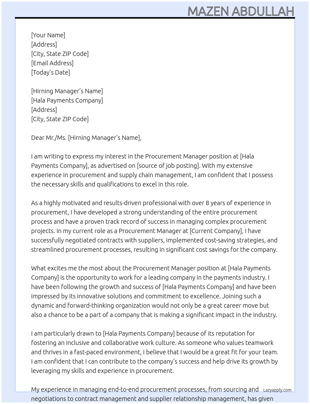 Procurement Manager  At HALA Payments Company Cover Letter