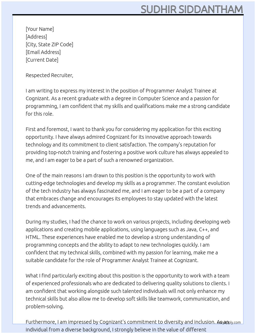 Programmer Analyst Trainee At cognizant Cover Letter
