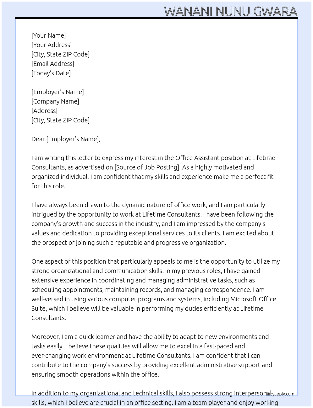 Office Assistant At Lifetime Consultants Cover Letter