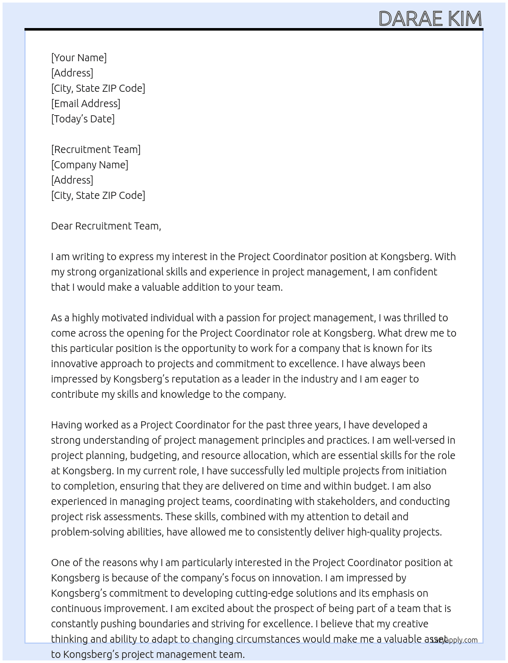 Project Coordinator At Kongsberg Cover Letter