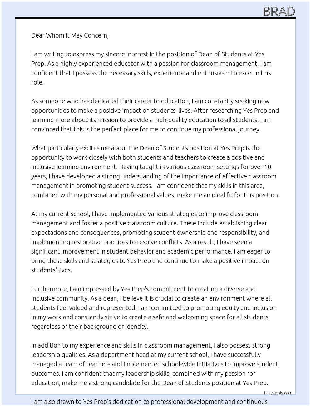 Dean of Students At Yes Prep Cover Letter
