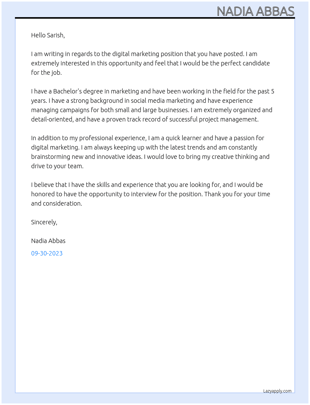 digital marketing  At sarish Cover Letter