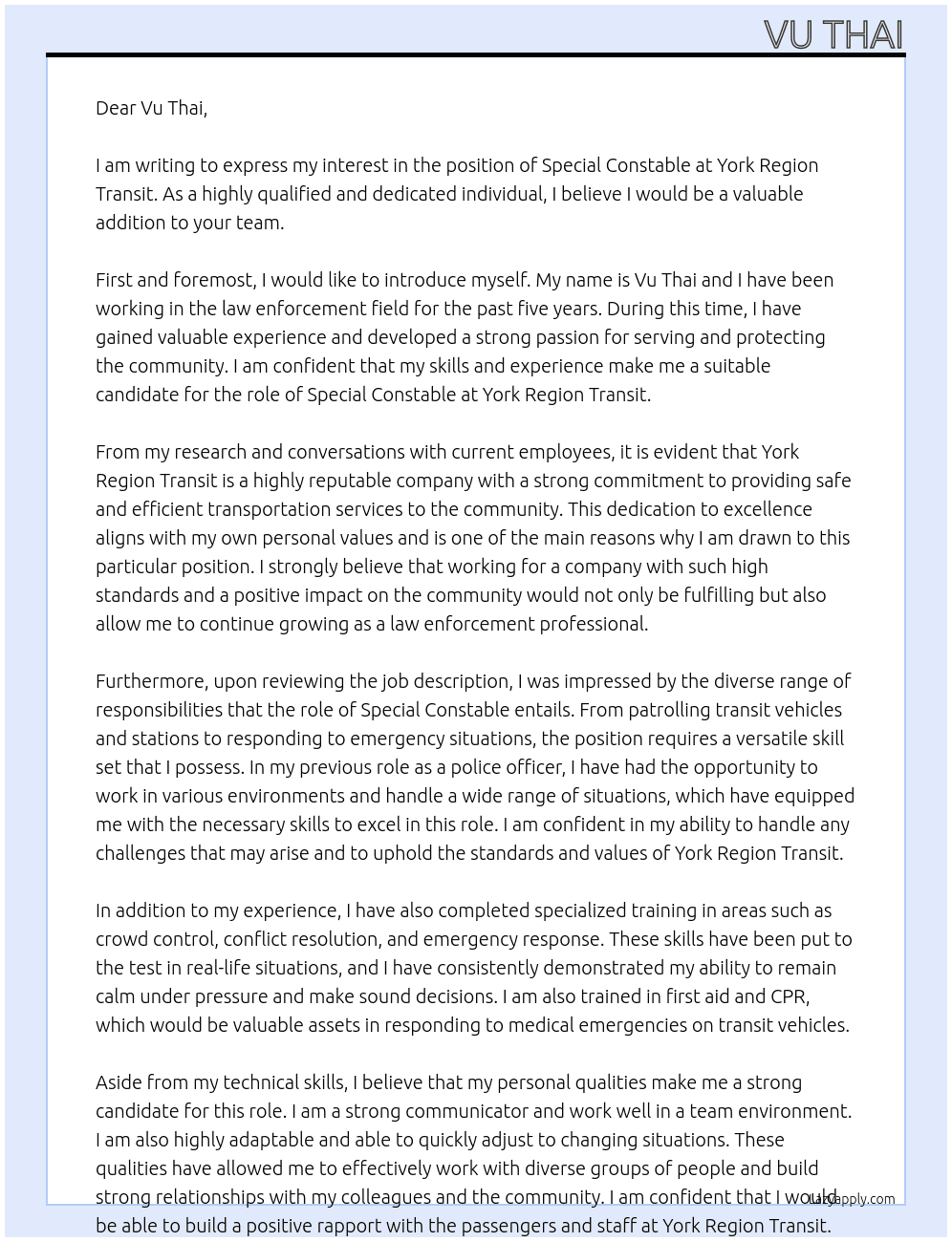 Special Constable At York Region Transit Cover Letter