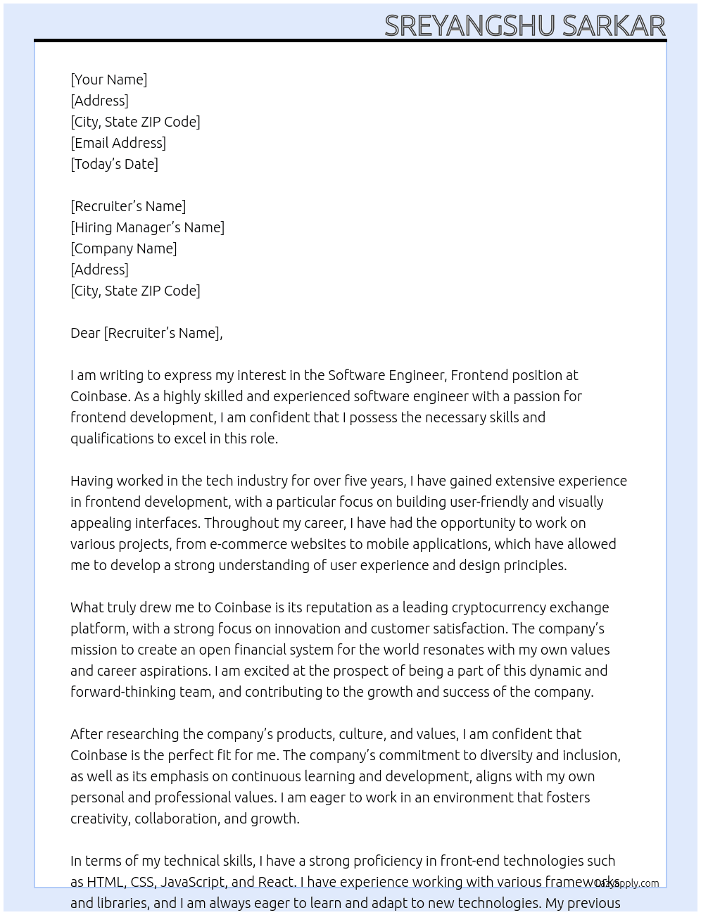 Software Engineer, Frontend At Coinbase Cover Letter
