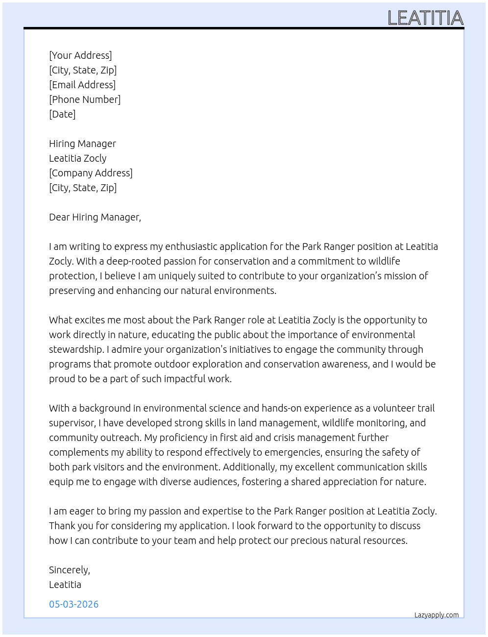 Parck ranger At Leatitia zocly Cover Letter