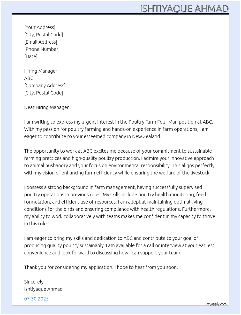 Cover letter for poultry farm four man - LazyApply