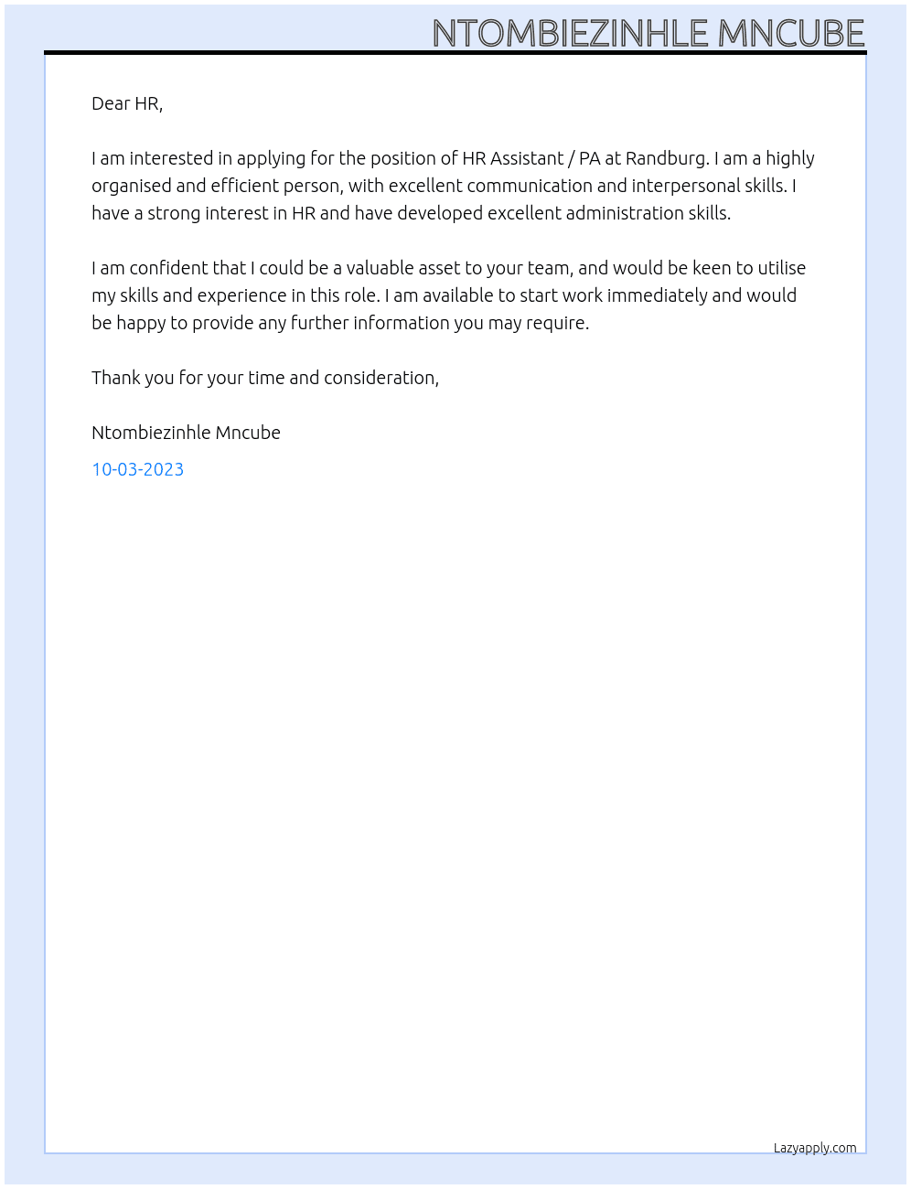HR ASSISTANT / PA At  Randburg Cover Letter
