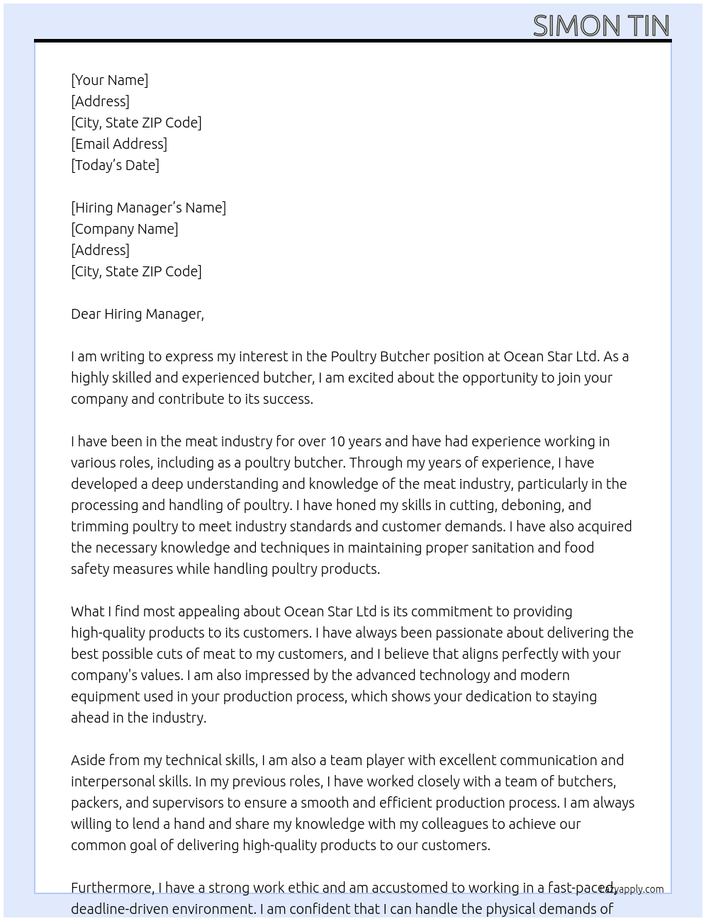 Cover letter for poultry butcher - LazyApply