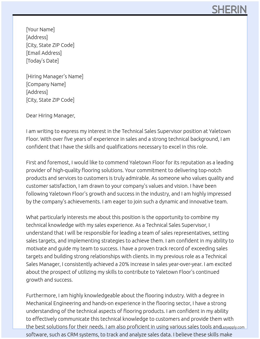 Technical sales supervisor  At Yaletown Floor Cover Letter