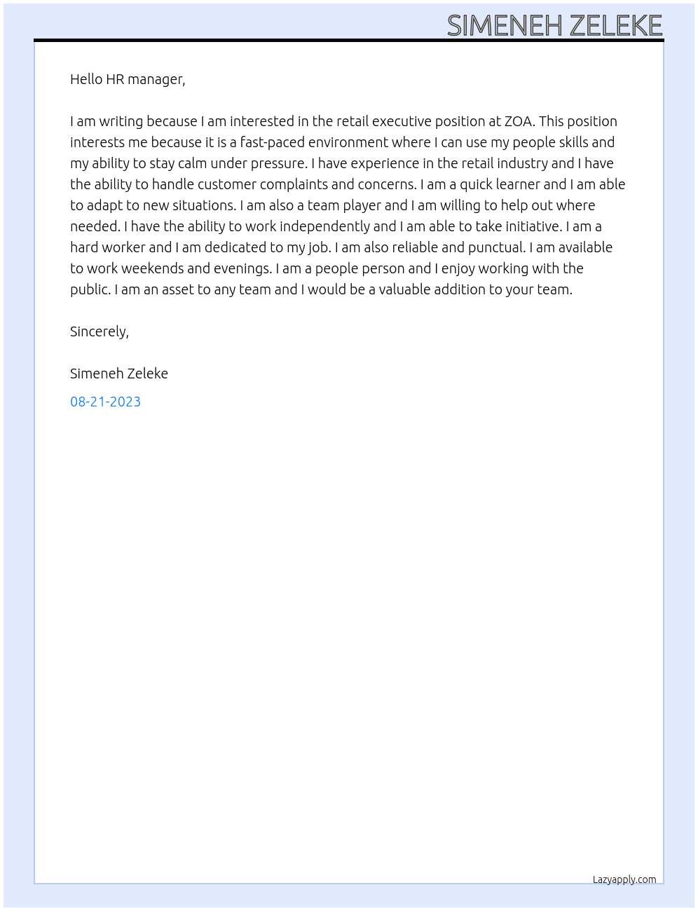 Retail executive At ZOA Cover Letter