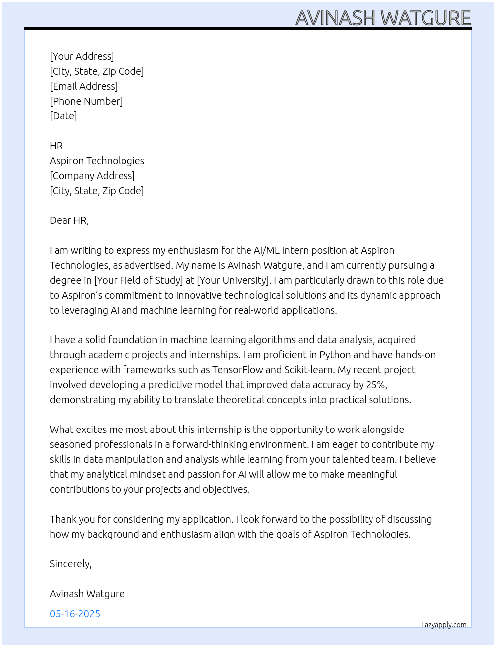  AI/ML Intern At Aspiron Technologies Cover Letter