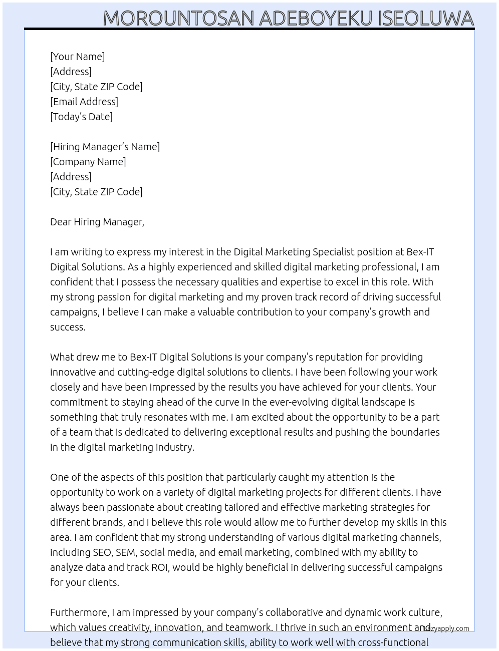 Digital Marketing Specialist At Bex -IT Digital Solutions Cover Letter